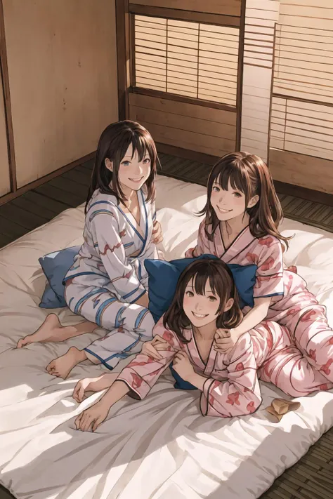 a group of girls in pajamas having a pillow fight between them in a tatami room with futons, pillows flyin, smile, looking at viewer, best quality, high resolution, extremely detailed, professional, illustration, trending on pixiv, masterpiece, cinematic lighting, anime art style,