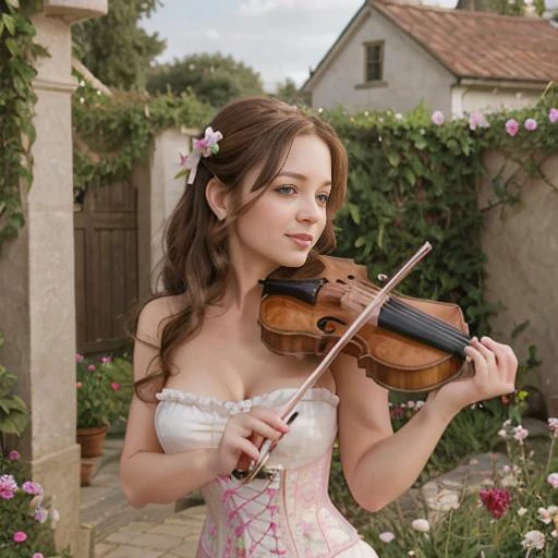 Professional photo, full portrait, cute, sexy, pale, 38age, wearing a corset, mom, standing in a garden, playing a violin, birds flying around her head, flowers in her hair <lora:analogFilmPhotography_10:0.2> <lora:corset_v10:0.75>