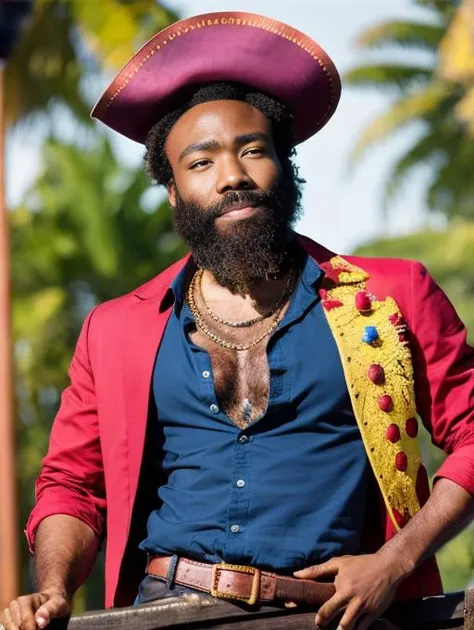 A high res photo of donald glover with beard <lora:donald:1> cosplaying as a pirate, pirate hat, parrot on shoulder, standing on a pirate ship