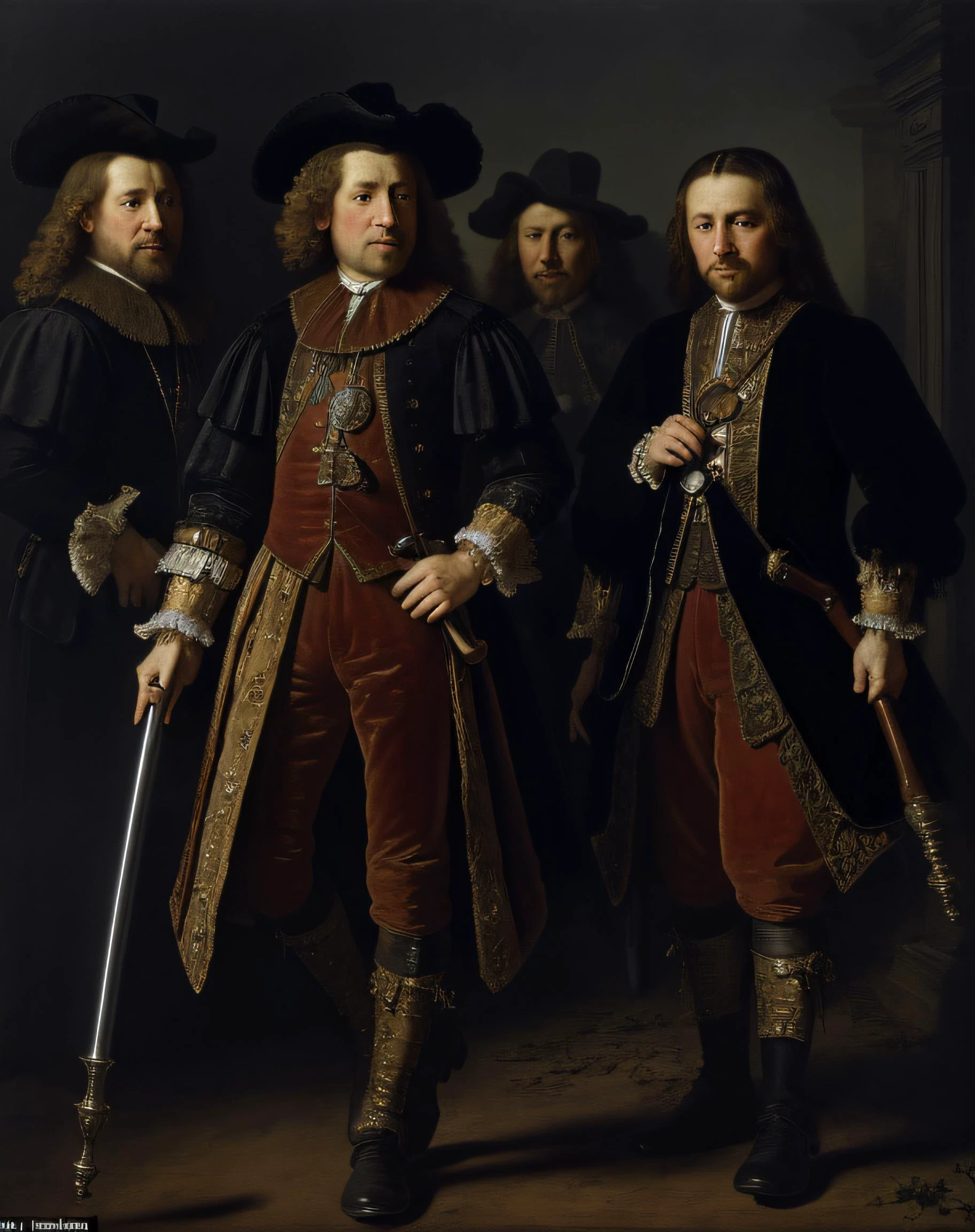 masterpiece, best quality, painting by Rembrandt, holland style full body portrait, (inframe), (((17 century style))), The count in a rich hunting suit and a rapier 17 century , surrounded by servants and courtiers, hounds, in the wood, in background hunting house, evening, dark, night, torches, (((extremely detailed faces))), <lora:lowra_v10:0.9>