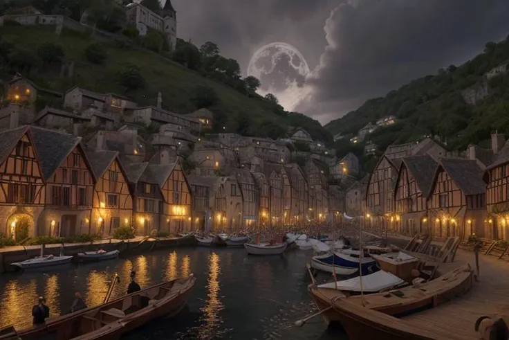 ultra hd, 4k, volumetric lighting, epic composition, photorealism, complex and detailed medieval european village,  a rather dark sky with the moon rising over a harbor village along the ocean, camera looking across the water at the village, <lora:xsarchitectural_13nightmagictown:0.3>