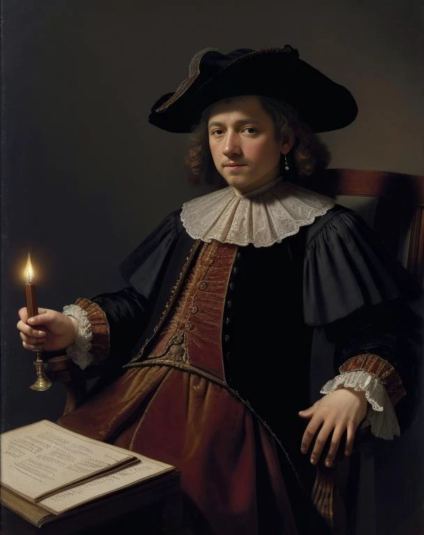 masterpiece, best quality, painting by Rembrandt, holland style full body portrait, (inframe),   (((17 century style))), Reiter   is sitting on an old chair,  hat  (((17 century style))),  evening, dark, night, torches, (((extremely detailed faces))),  old canvas,  oil painting <lora:lowra_v10:0.9>