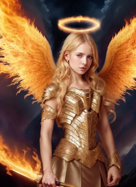 best quality, 4k, (sharp focus:1.1), realistic detail, angel with blonde hair, fantasy, fantasy portrait, fire, (wings made of fire:1.3), weapon made of fire, white and gold engraved metal armor, halo made of fire, night sky,