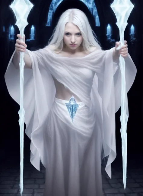 best quality, 4k, (sharp focus:1.2), (fantasy:1.1), (white cold fog:1.3), sorceresses casting ice spell, white hair, pale skin, realistic pale blue crystal, bright white magic robes, topless, bright white color scheme, cool blue color scheme, (snow and ice:0.7),