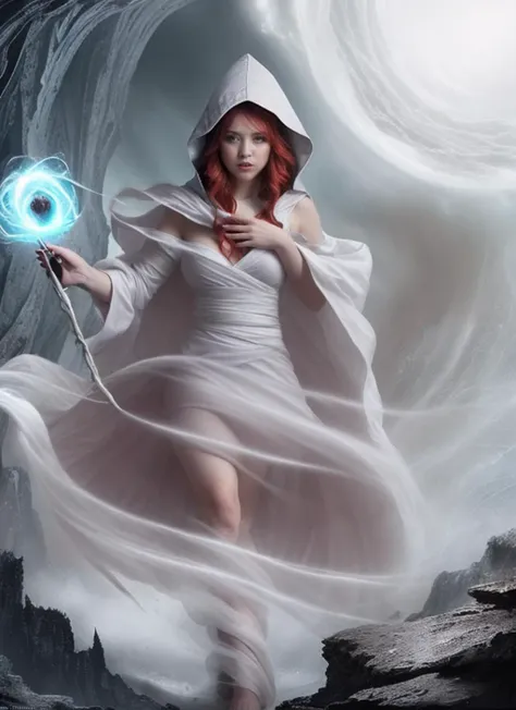 best quality, 4k, (fantasy:1.1), (sharp focus:1.1), beautiful sorceress (casting a spell:1.1), white robes made of (thick grey flowing mist:1.2), red hair, blowing wind, on top of a cliff, body surrounded by (swirling vortex of thick mist:1.2), grey and white robes with a hood, red hair, blowing wind, on top of a cliff, full body