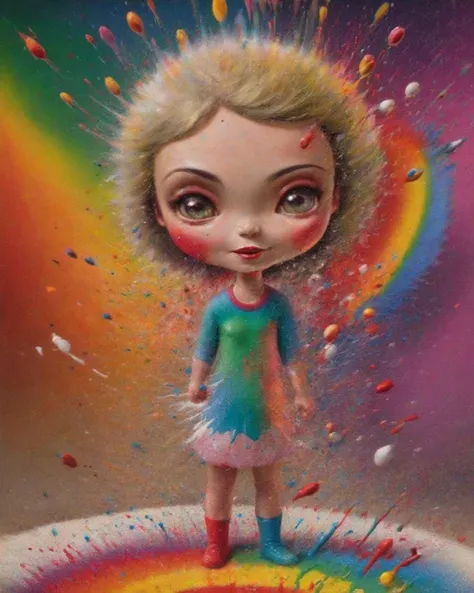 morena_baccarin, <lora:MorenaBaccarinXL:1>,8k, RAW photo, best quality, masterpiece, snapshot aesthetic, dramatic lighting, sharp focus, high quality, 1girl, color cannon explosion, savage smile, paint on body, rainbow collored sweater,splash, particles, colorful, dynamic background,, lowbrow art style, surreal,<lora:LowBrowXL:1>