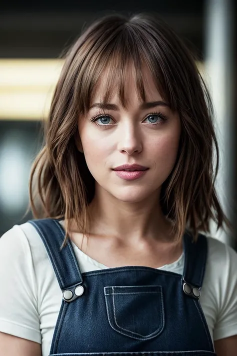 photo of beautiful (dakjohnson:0.99), a woman in a (convenience store:1.1), perfect hair, wearing (overalls:1.2), modelshoot style, (extremely detailed CG unity 8k wallpaper), professional majestic (photography by cindy sherman:1.1), (Kodak PIXPRO FZ152 16MP Digital Camera), 24mm, exposure blend, hdr, faded, extremely intricate, High Detail, Sharp focus, dramatic, soft cinematic light, (looking at viewer), (detailed pupils), cute smile, 24mm, 4k textures, soft cinematic light, adobe lightroom, photolab, elegant, ((((cinematic look)))), soothing tones, insane details, hyperdetailed, low contrast, (waist)