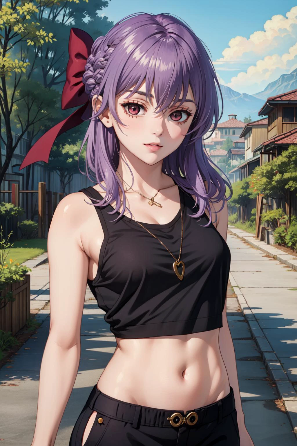 (Masterpiece:1.4), (best quality:1.2), <lora:shinoa_and_yuuichirou_ons-000015:1>, hiiragi shinoa, 1girl, purple hair, crop top, pants, upper body