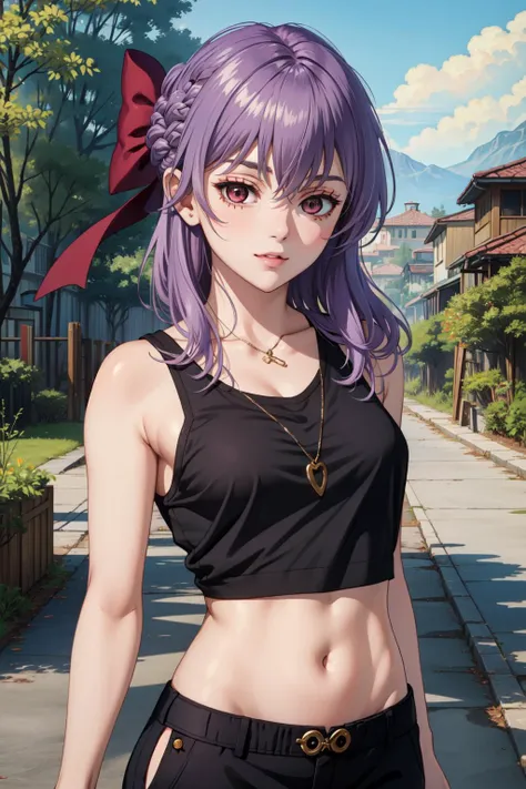 (Masterpiece:1.4), (best quality:1.2),  <lora:shinoa_and_yuuichirou_ons-000015:1>, hiiragi shinoa, 1girl, purple hair, crop top, pants, upper body