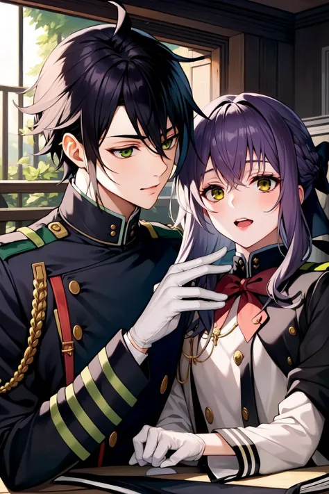 (Masterpiece:1.4), (best quality:1.2),  <lora:shinoa_and_yuuichirou_ons-000015:1>, hyakuya yuuichirou, 1boy, hiiragi shinoa, 1girl, military uniform, white glove