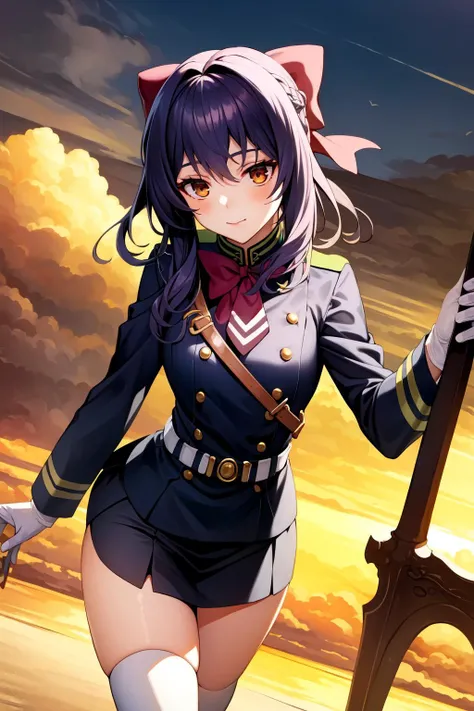 (Masterpiece:1.4), (best quality:1.2), <lora:shinoa_and_yuuichirou_ons-000015:1>, hiiragi shinoa, 1girl, military uniform, skirt, purple hair, hair bow, gloves, long sleeves, thighhighs