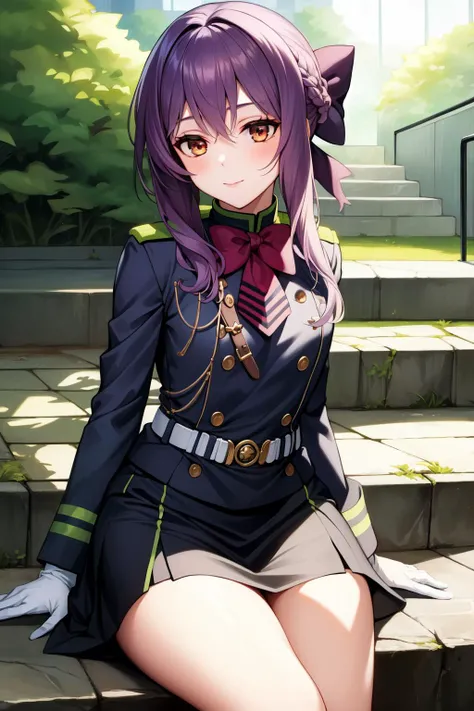 (Masterpiece:1.4), (best quality:1.2), <lora:shinoa_and_yuuichirou_ons-000015:1>, hiiragi shinoa, 1girl, military uniform, skirt, purple hair, hair bow, gloves, long sleeves, thighhighs