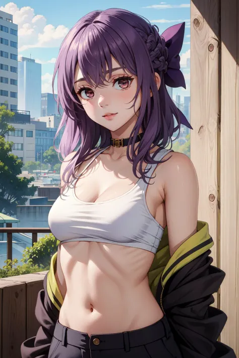 (Masterpiece:1.4), (best quality:1.2), <lora:shinoa_and_yuuichirou_ons-000015:1>, hiiragi shinoa, 1girl, purple hair, crop top, pants, upper body