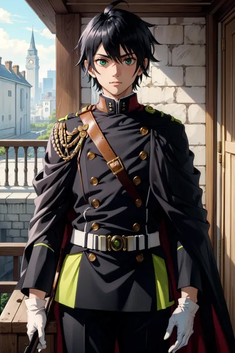 (Masterpiece:1.4), (best quality:1.2), <lora:shinoa_and_yuuichirou_ons-000015:1>, hyakuya yuuichirou, 1boy, black hair, military uniform, white gloves