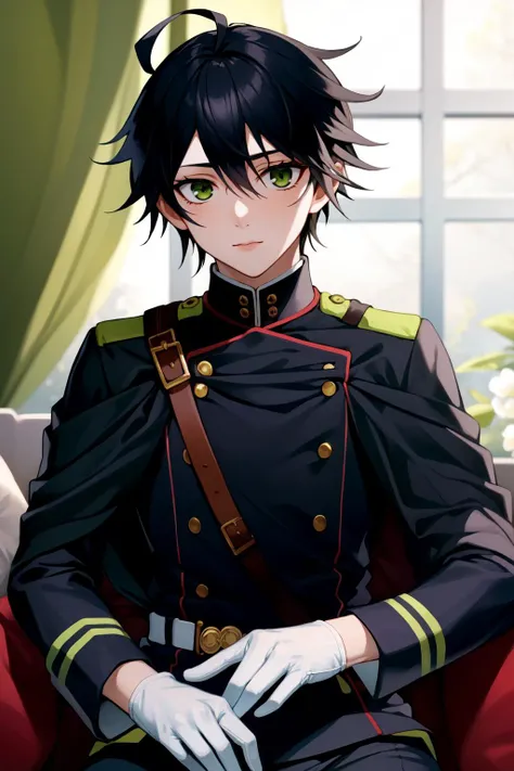(Masterpiece:1.4), (best quality:1.2), <lora:shinoa_and_yuuichirou_ons-000015:1>, hyakuya yuuichirou, 1boy, black hair, military uniform, white gloves