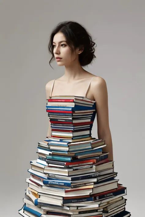 dress made of books,1girl, upper body, in the dark,empty white background