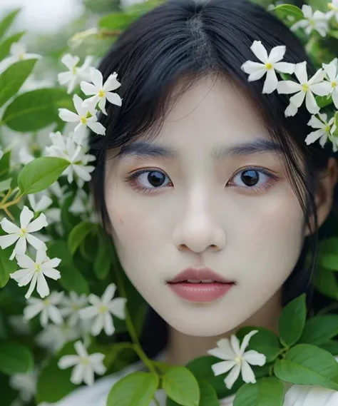 1girl, solo, looking at viewer, black hair, flower, parted lips, blurry, black eyes, lips, leaf, plant, white flower, portrait, realistic