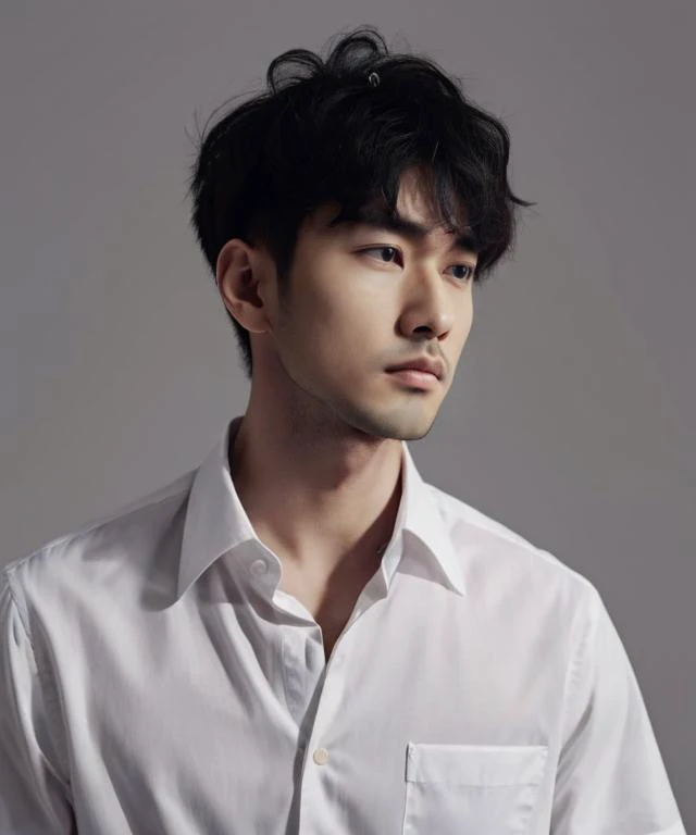 solo, looking at viewer, short hair, shirt, black hair, 1boy, closed mouth, white shirt, upper body, collared shirt, grey background, black eyes, dress shirt,