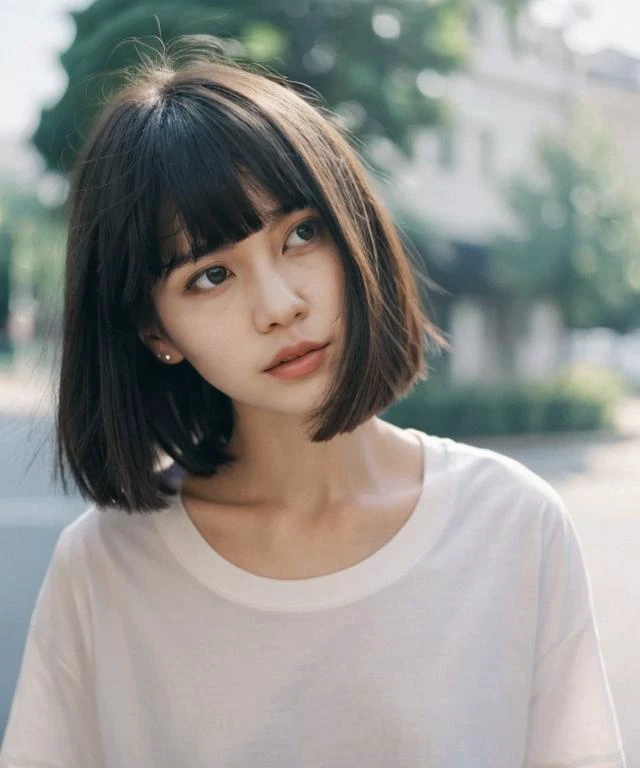 1girl, solo, short hair, bangs, shirt, black hair, white shirt, upper body, outdoors, parted lips, blunt bangs, medium hair, blurry, black eyes, lips, head tilt, looking to the side, depth of field, blurry background, looking away, realistic