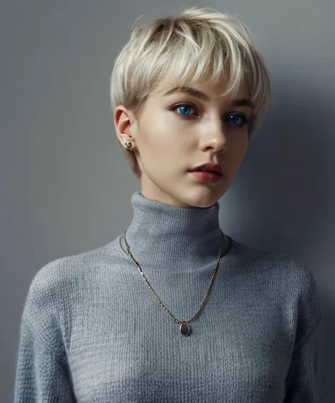 1girl,upper body,platinum blonde hair in pixie cut,piercing blue eyes,looking at viewer,indoors,grey background,black turtleneck sweater,silver pendant necklace,edgy androgynous style,confident expression,modern chic,