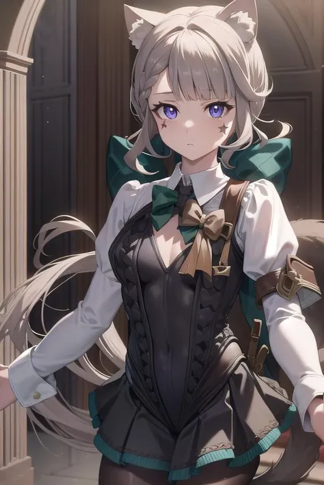 lynette, <lora:lynette-lora-nochekaiser:1>,
lynette, animal ear fluff, animal ears, cat ears, facial mark, hair bow, (purple eyes:1.1, brown hair, star, star on cheek,
BREAK bow, green bow, hat, leotard, long sleeves, miniskirt, pantyhose, skirt, top hat,
BREAK looking at viewer,
BREAK indoors,
BREAK <lyco:GoodHands-beta2:1>, (masterpiece:1.2), best quality, high resolution, unity 8k wallpaper, (illustration:0.8), (beautiful detailed eyes:1.6), extremely detailed face, perfect lighting, extremely detailed CG, (perfect hands, perfect anatomy),
