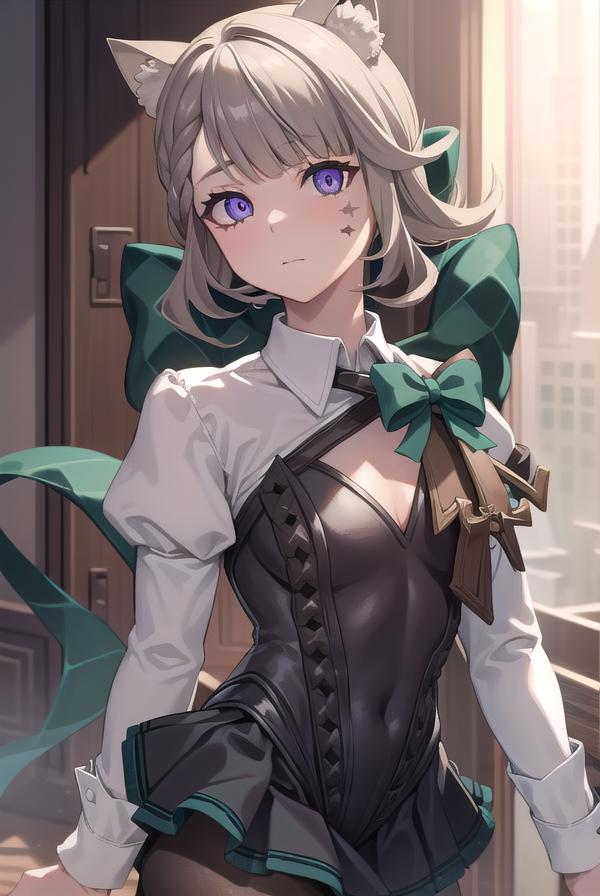 A woman in a black and white outfit with a cat ears - SeaArt AI