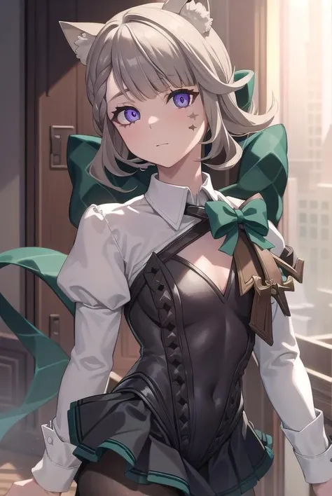 lynette, <lora:lynette-lora-nochekaiser:1>,
lynette, animal ear fluff, animal ears, cat ears, facial mark, hair bow, (purple eyes:1.1, brown hair, star, star on cheek,
BREAK bow, green bow, hat, leotard, long sleeves, miniskirt, pantyhose, skirt, top hat,
BREAK looking at viewer,
BREAK indoors,
BREAK <lyco:GoodHands-beta2:1>, (masterpiece:1.2), best quality, high resolution, unity 8k wallpaper, (illustration:0.8), (beautiful detailed eyes:1.6), extremely detailed face, perfect lighting, extremely detailed CG, (perfect hands, perfect anatomy),