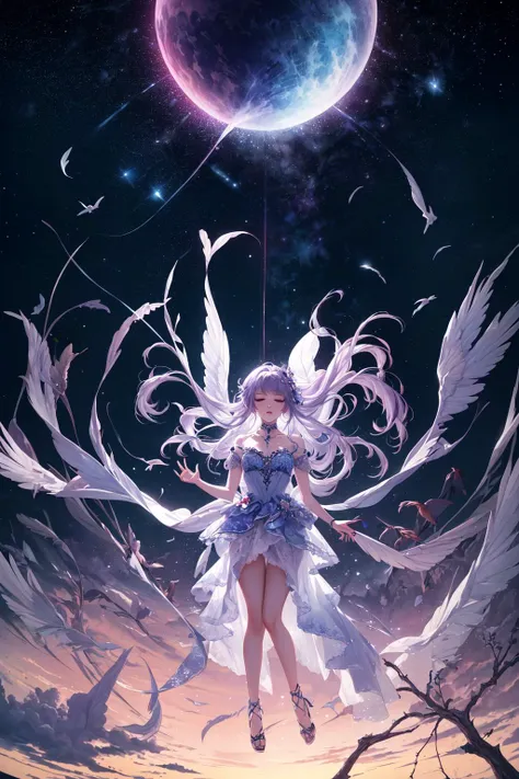 (ultra-detailed, incredibly absurdres, highres, masterpiece, top quality, best quality, official art, beautiful and aesthetic:1.2), (shiny skin, shiny face, detailed face), (1girl), (Dreamweaver diva, phantasmal, surreal, night-sky hair, dreamscape, orchestrating, symphony of slumber, dress of dusk, floating among dreams, deep night, lullaby of the subconscious, dream orchestration scene,Neck,Unity, overhead shot, full body