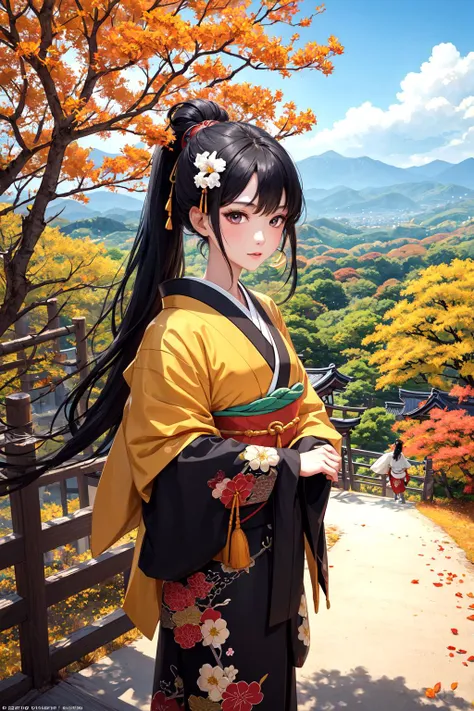 official art, beautiful woman, kyoto, paint kimono, black hair, topknot, flower Japanese hairpin, cowboy shot, outdoors, Autumn, colored leaves, flower fields, paths, mountains changing colors in the distance