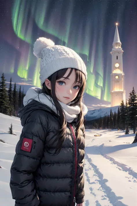 Official art, beautiful woman, Alaska, winter, down jacket, knit cap, winter wear, aurora, starry sky