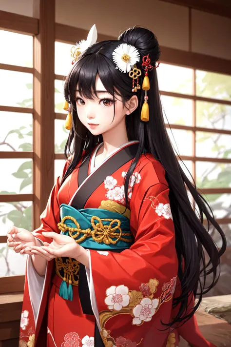 a stunningly beautiful japanese woman, Traditional costumes from the Heian period, long black hair, straighthairã