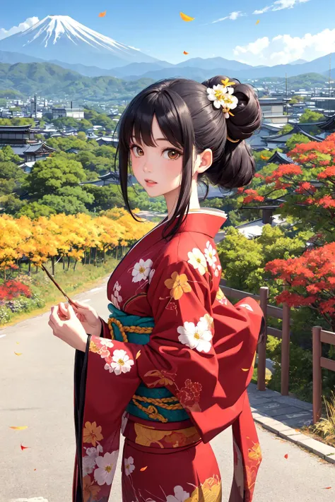 official art, beautiful woman, kyoto, paint kimono, black hair, topknot, flower Japanese hairpin, cowboy shot, outdoors, Autumn, colored leaves, flower fields, paths, mountains changing colors in the distance