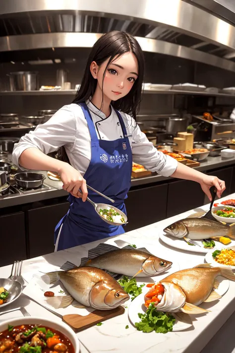 Perfect beautiful woman, restaurant kitchen, chef is cooking, fish eye lens, depth of field, amazing artwork