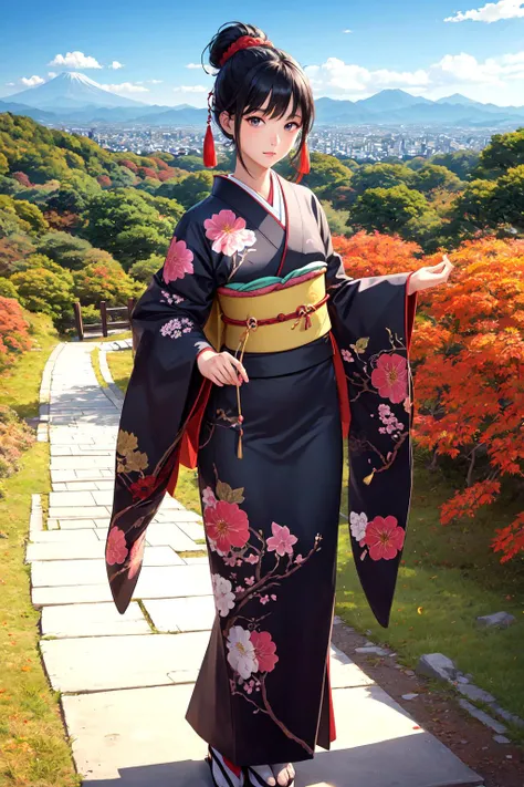 official art, beautiful woman, kyoto, paint kimono, black hair, topknot, flower Japanese hairpin, cowboy shot, outdoors, Autumn, colored leaves, flower fields, paths, mountains changing colors in the distance