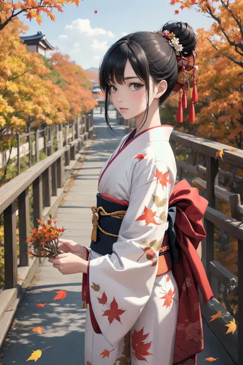 Official art, beautiful woman, autumn, Kyoto, print kimono, black hair, topknot, flower Japanese hairpin, autumn leaves, fallen leaves, cowboy shot