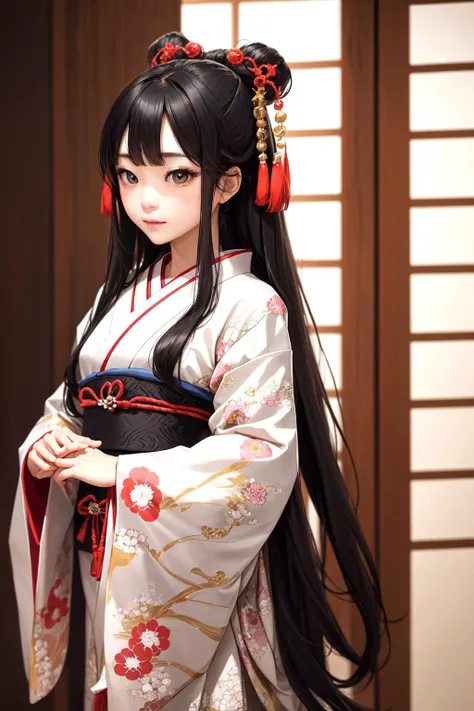 a stunningly beautiful japanese woman, Traditional costumes from the Heian period, long black hair, straighthairã