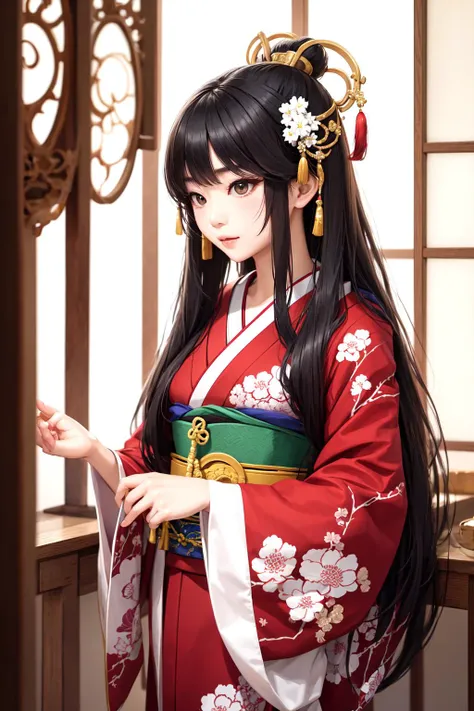 a stunningly beautiful japanese woman, Traditional costumes from the Heian period, long black hair, straighthairã