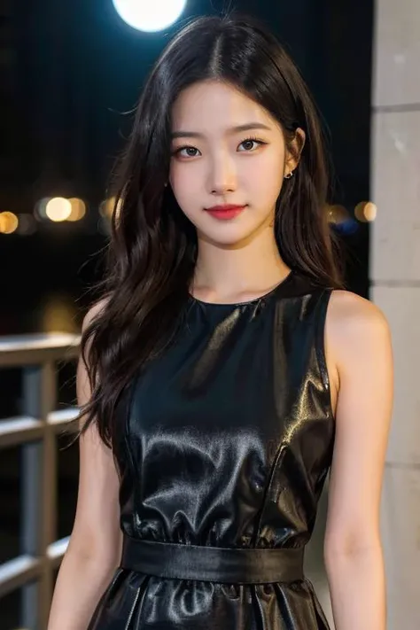 ((upper body:1.2)), nikon RAW photo,8 k, Fujifilm XT3,masterpiece, best quality, realistic, photorealistic, ultra detailed, extremely detailed face, solo,1girl, standing, fashionable and trendy atmosphere, and a stylish expression on her face, close up, black dress, walking, at the dark streets, moonrise, sleeveless, fabric clothes, <lbm=FACES>