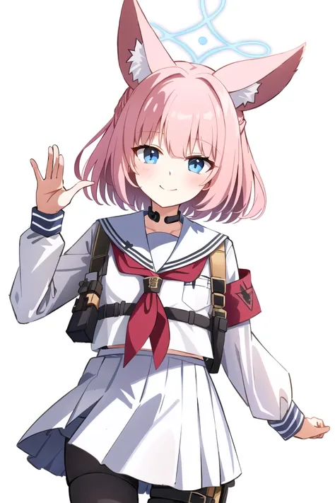 <lora:Niko:0.8>, niko, 1girl, solo, looking at viewer, short hair, blue eyes, simple background, animal ears, school uniform, pink hair, pantyhose, fox ears, halo, white background, armband, holster, cowboy shot, waving, smile, closed mouth