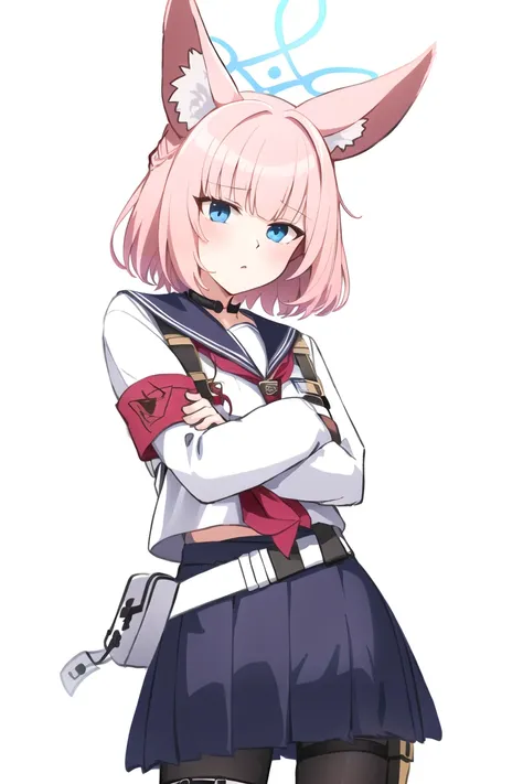 <lora:Niko:1>, niko, 1girl, solo, looking at viewer, short hair, blue eyes, simple background, animal ears, school uniform, pink hair, pantyhose, fox ears, halo, white background, armband, holster, cowboy shot, crossed arms