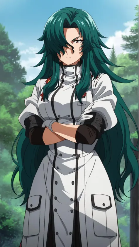 score_9,score_8_up,score_7_up,score_6_up,score_5_up,score_4_up BREAK source_anime,1girl,solo,(90s anime style),<lora:edgRosePonyv1>,edgRose,breasts,looking at viewer,gloves,very long hair,closed mouth,outdoors,white gloves,uniform,hair over one eye,tree,crossed arms,nature,forest,anime coloring,