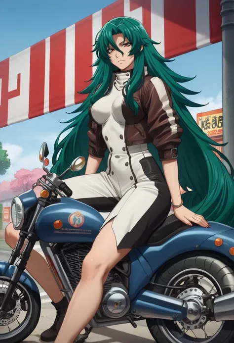 zPDXL <lora:edgRosePonyv1:.8> edgRose, breasts, looking at viewer, very long hair, leaning against motorcycle
