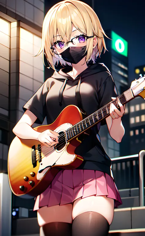 1girl, cowboy shot, standing, short hair, blonde hair, purple eyes, black glasses, black mask, mouth mask, black hoodie, short sleeves, pink skirt, miniskirt, pleated skirt, black thighhighs, playing guitar, outdoors, city, street, night, neon lights