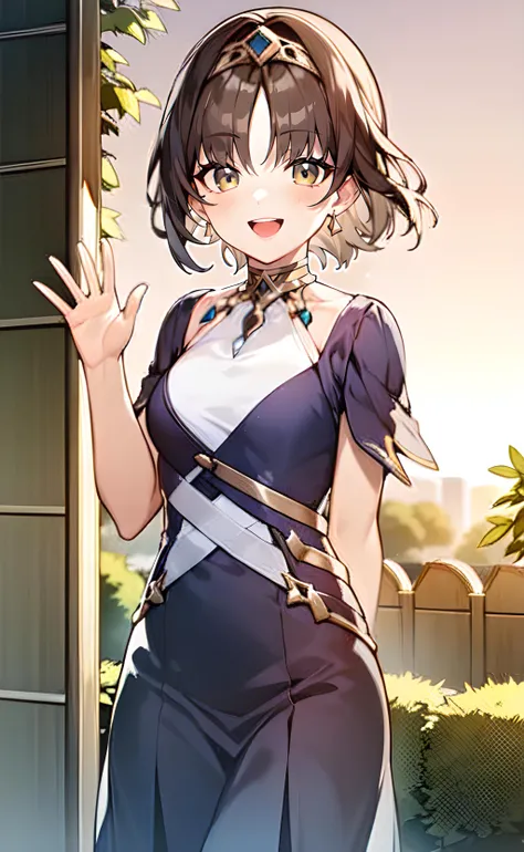 1girl, cowboy shot, standing, Dunyarzad, short sleeves, open mouth, smile, waving, outdoors, garden, sunset, backlighting <lora:Dunyarzad:0.7>
