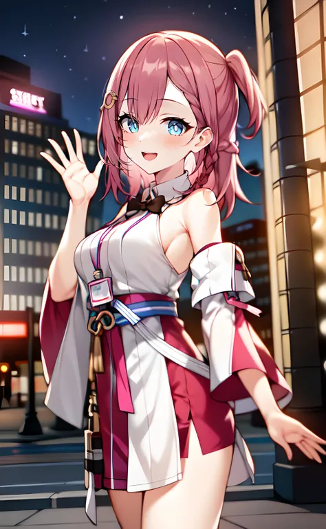 1girl, cowboy shot, standing, asta_\(star_rail\), pink hair, detached sleeves, bare shoulders, open mouth, smile, waving, outdoors, city, street, night, neon lights <lora:asta_loha:0.7>