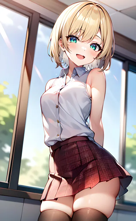 1girl, cowboy shot, standing, short hair, blonde hair, green eyes, school uniform, white shirt, collared shirt, sleeveless shirt, red skirt, miniskirt, plaid skirt, black thighhighs, bare shoulders, bare arms, open mouth, smile, arms behind back, indoors, classroom, window, blue sky, sunlight