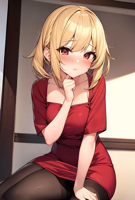 (masterpiece, best quality), 1girl, blonde hair, red dress, pantyhose, cute face, blush,