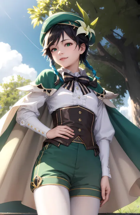(masterpiece, best quality:1.2), highly detailed, realistic, photorealistic, absurdres, 1boy, male focus, <lora:venti:0.9>, venti (genshin impact), black hair, hat, smile, braid, long sleeves, twin braids, gradient hair, multicolored hair, pantyhose, vision (genshin impact), shorts, blue hair, green headwear, beret, white pantyhose, green shorts, collared cape, bangs, white flower, jewelry, looking at viewer, white shirt, brooch, cape, androgynous, frilled sleeves, outdoors, frills, holding, leaf, corset, short hair with long locks, slim, athletic, young boy, teenage boy, dark fantasy background, studio lighting, blue sky, meadow, (kbxll:0.8)