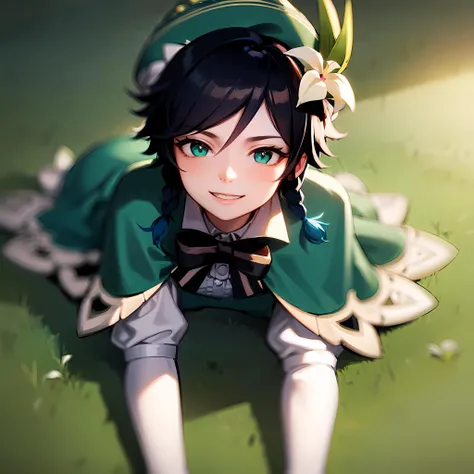 (masterpiece, best quality:1.2), highly detailed, realistic, photorealistic, absurdres, 1boy, male focus, <lora:venti:0.9>, venti (genshin impact), black hair, hat, (smile, smirk), braid, long sleeves, twin braids, gradient hair, multicolored hair, pantyhose, vision (genshin impact), shorts, blue hair, green headwear, beret, white pantyhose, green shorts, collared cape, bangs, white flower, jewelry, looking at viewer, white shirt, brooch, cape, androgynous, frilled sleeves, outdoors, frills, holding, leaf, corset, short hair with long locks, slim, athletic, young boy, teenage boy, dark fantasy background, studio lighting, (lying in field, meadow, from above), (kbxll:0.8)