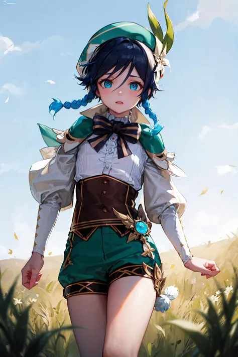 masterpiece, best quality, highly detailed, illustration, realistic, photo-realistic, absurdres, athletic, <lora:venti:0.8>, 1boy, venti (genshin impact), multicolored hair, hat, twin braids, hair between eyes, detailed eyes, petite, slim, young boy, teenage boy, green clothes, sleeves, thin thighs, shorts, looking at viewer, field of wheat, detailed background, Studio Lighting, depth of field